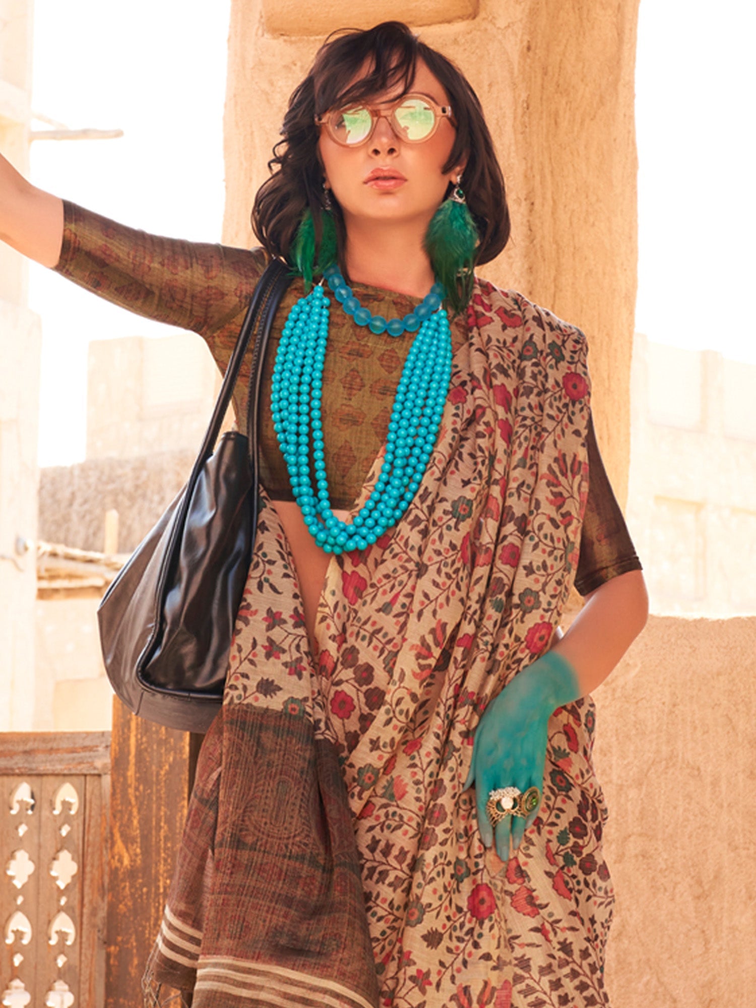 NOZ2TOZ Women's Tissue Cream Printed Designer Saree With Blouse Piece - Distacart