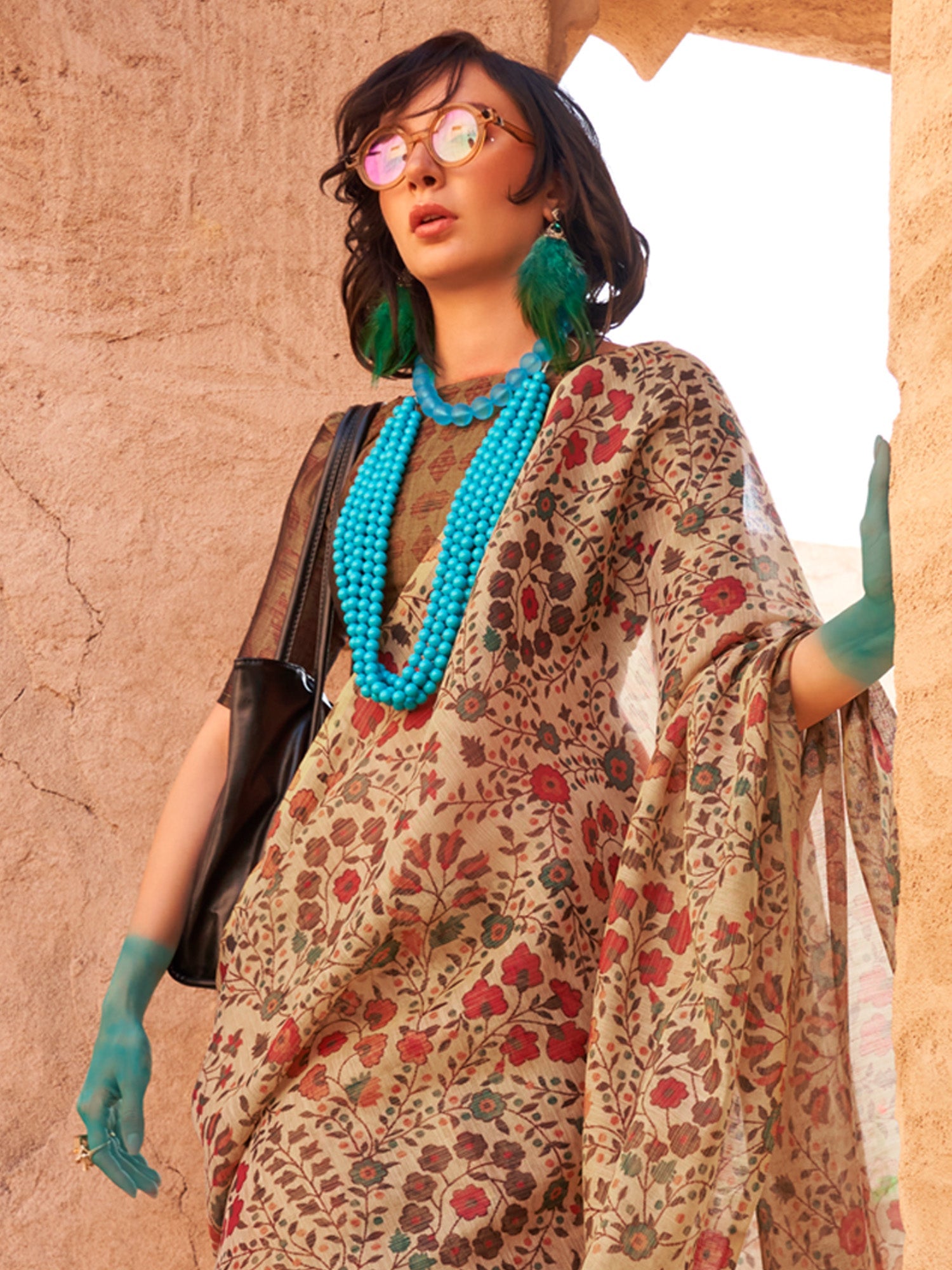 NOZ2TOZ Women's Tissue Cream Printed Designer Saree With Blouse Piece - Distacart