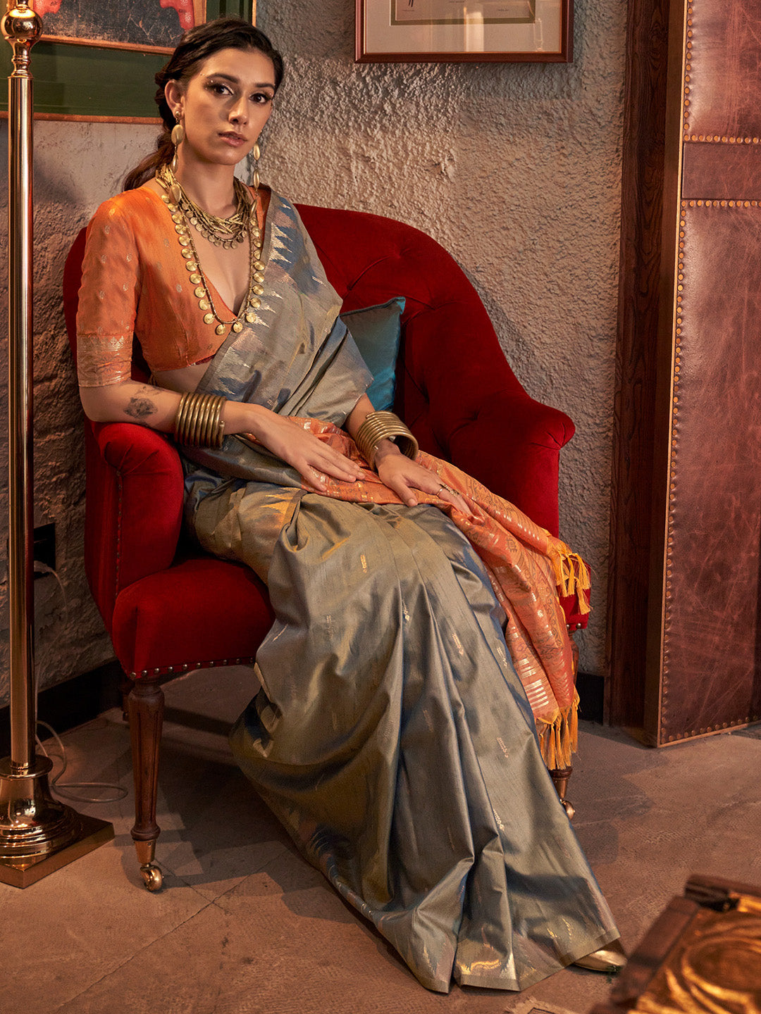 NOZ2TOZ Women's Tussar Silk Peach Woven Design Designer Saree With Blouse Piece - Distacart