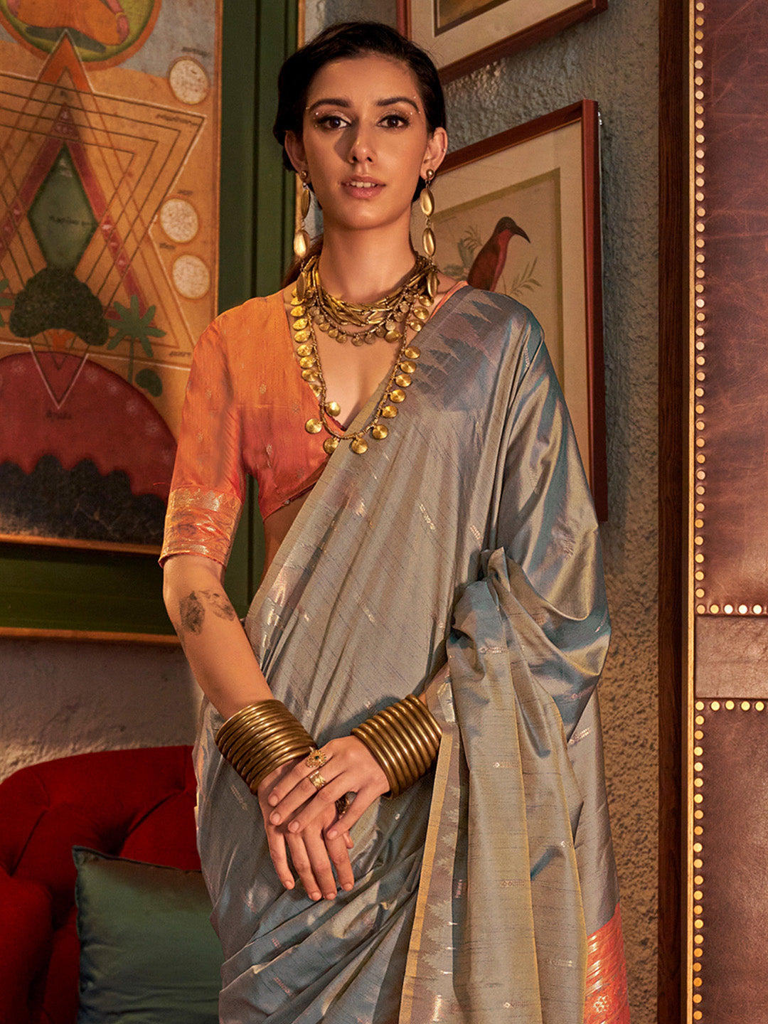 NOZ2TOZ Women's Tussar Silk Peach Woven Design Designer Saree With Blouse Piece - Distacart