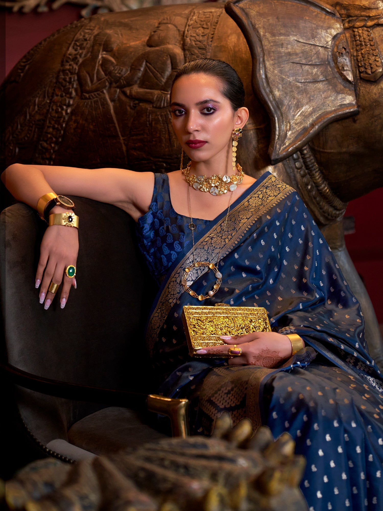 NOZ2TOZ Women's Satin Silk Navy Blue Woven Design Designer Saree With Blouse Piece - Distacart