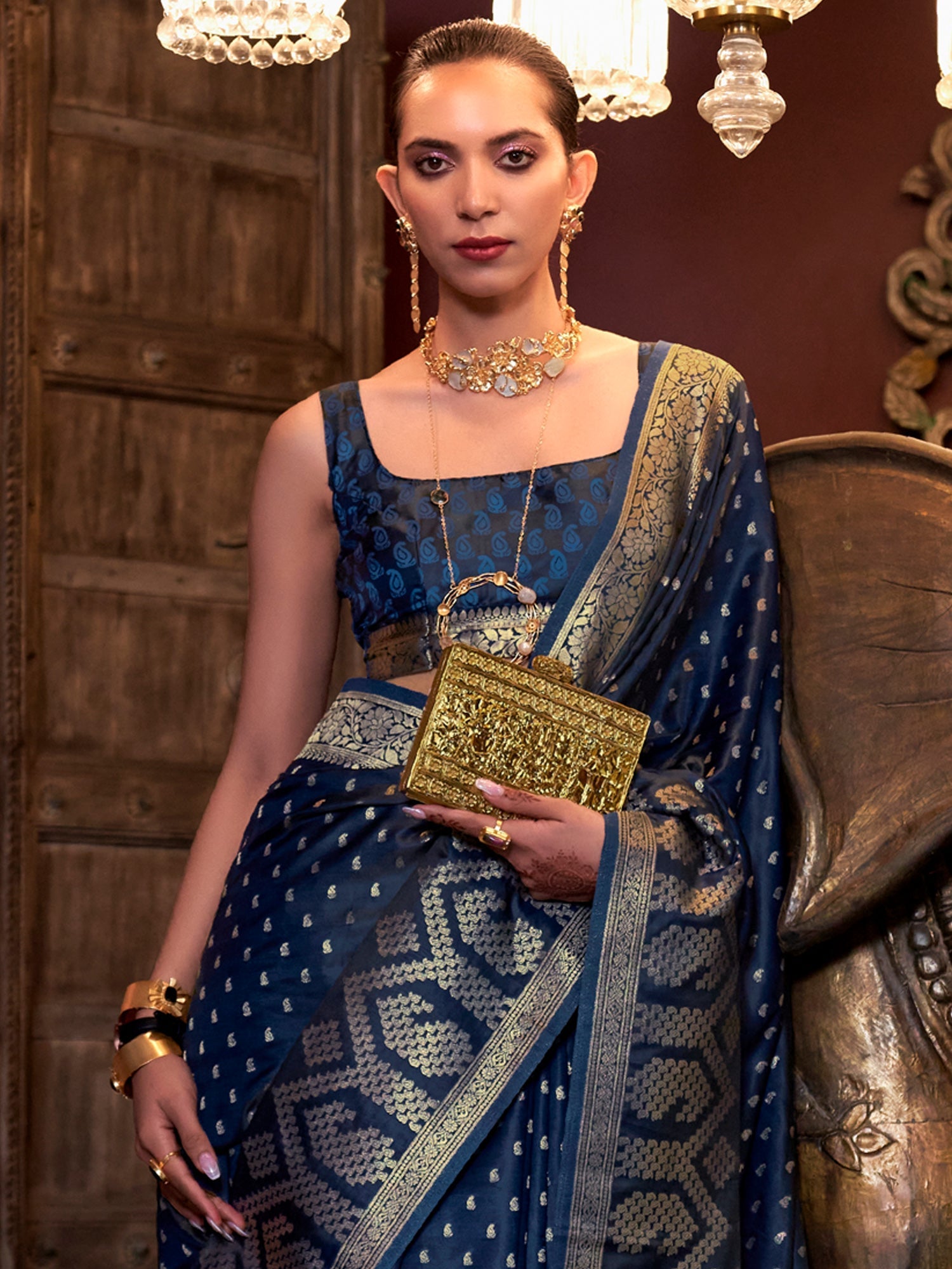 NOZ2TOZ Women's Satin Silk Navy Blue Woven Design Designer Saree With Blouse Piece - Distacart