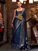 Thumbnail for NOZ2TOZ Women's Satin Silk Navy Blue Woven Design Designer Saree With Blouse Piece - Distacart