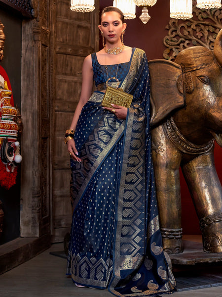 NOZ2TOZ Women's Satin Silk Navy Blue Woven Design Designer Saree With Blouse Piece - Distacart