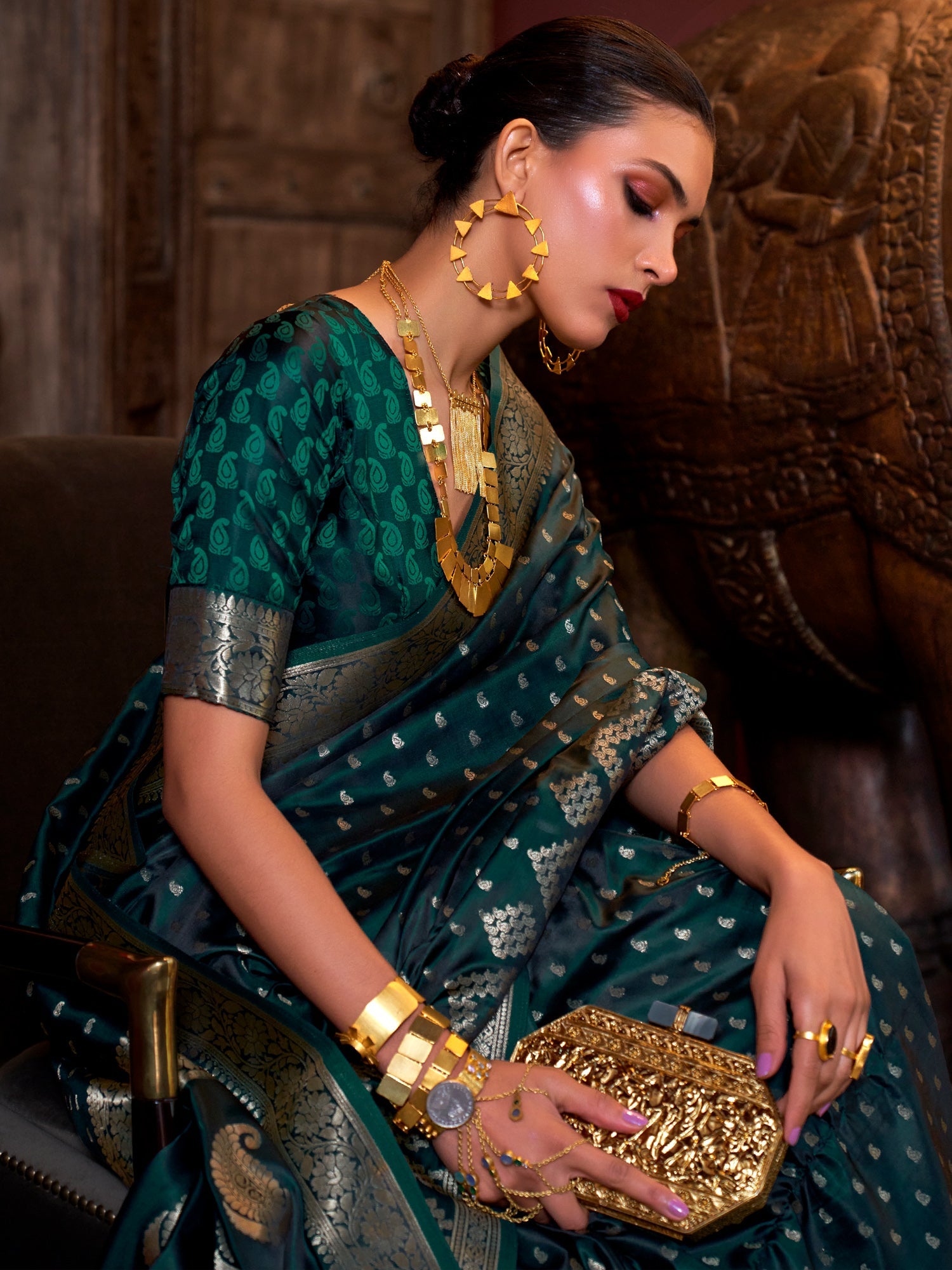 NOZ2TOZ Women's Satin Silk Dark Green Woven Design Designer Saree With Blouse Piece - Distacart