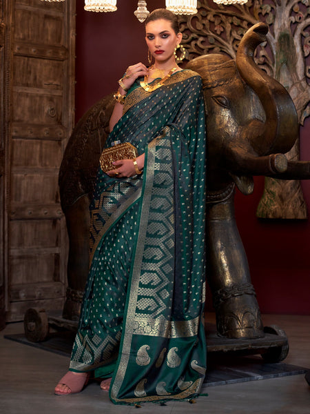 NOZ2TOZ Women's Satin Silk Dark Green Woven Design Designer Saree With Blouse Piece - Distacart