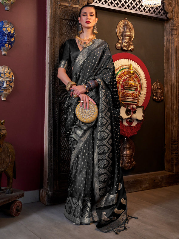 NOZ2TOZ Women's Satin Silk Black Woven Design Designer Saree With Blouse Piece - Distacart