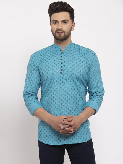 Jompers Men's Cotton Printed Kurta - Sky Blue - Distacart