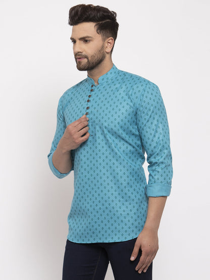 Jompers Men's Cotton Printed Kurta - Sky Blue - Distacart