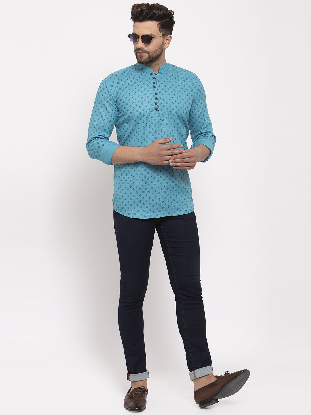 Jompers Men's Cotton Printed Kurta - Sky Blue - Distacart