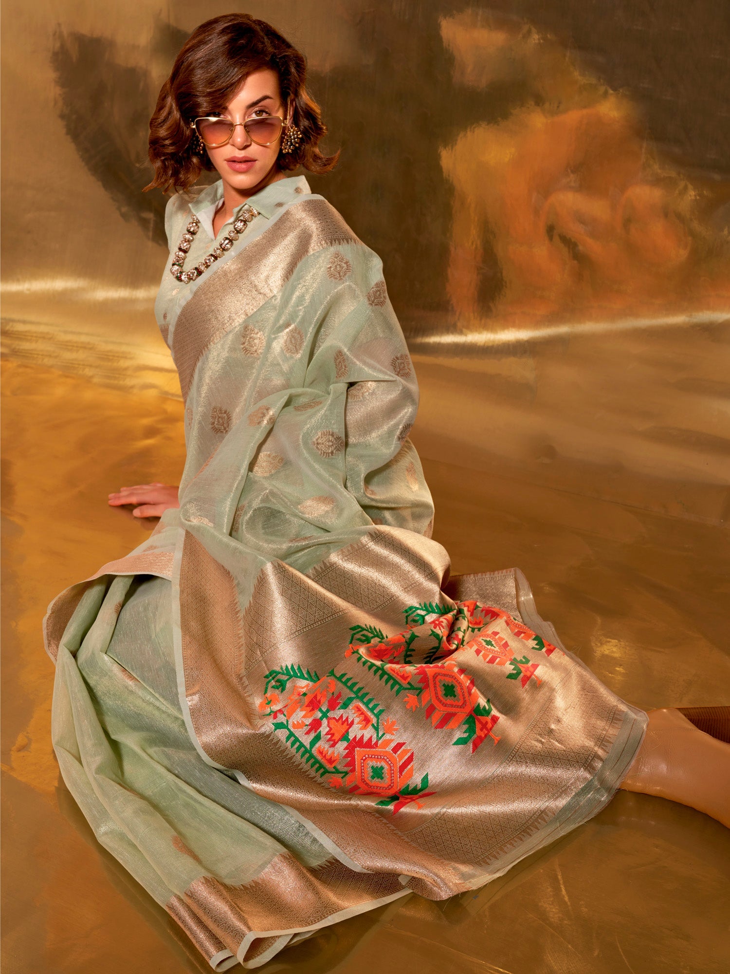 NOZ2TOZ Women's Tissue Sea Green Woven Design Designer Saree With Blouse Piece - Distacart