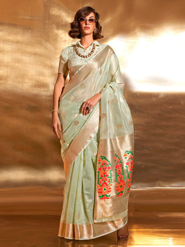 NOZ2TOZ Women's Tissue Sea Green Woven Design Designer Saree With Blouse Piece - Distacart