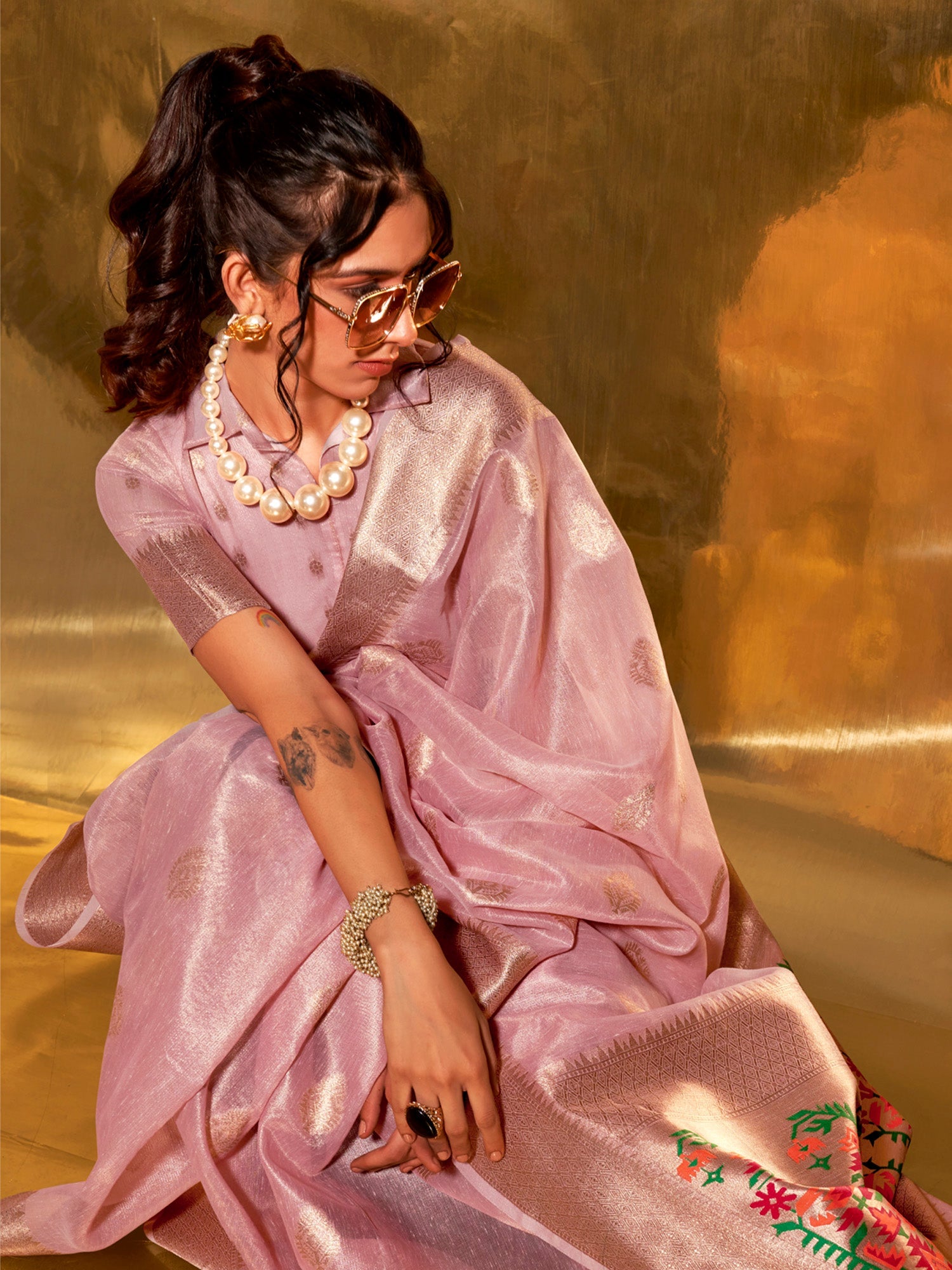 NOZ2TOZ Women's Tissue Pink Woven Design Designer Saree With Blouse Piece - Distacart