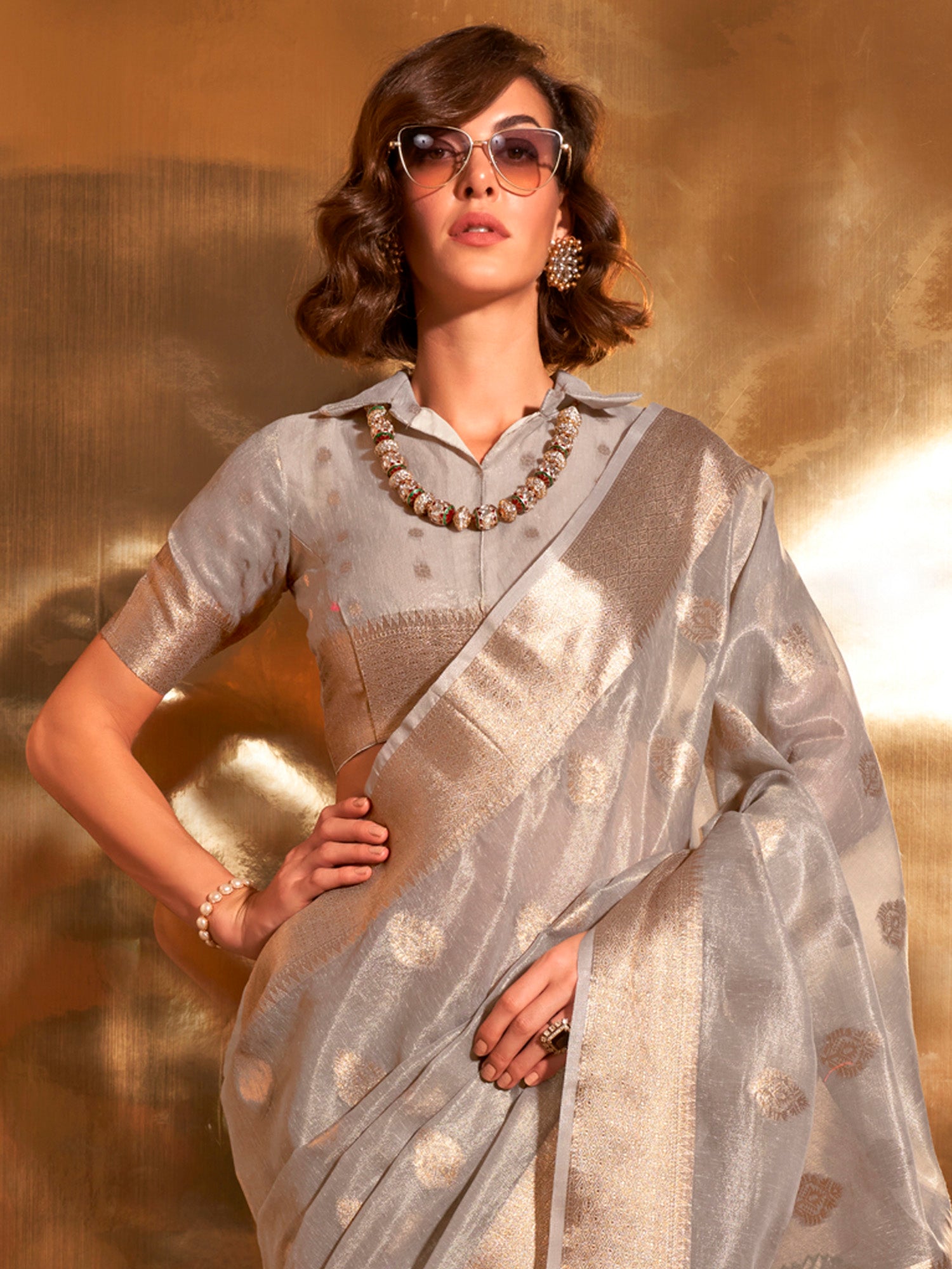 NOZ2TOZ Women's Tissue Grey Woven Design Designer Saree With Blouse Piece - Distacart