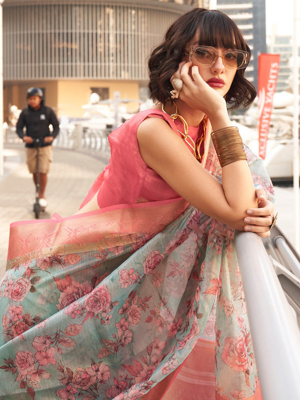 NOZ2TOZ Women's Tissue Pink Woven Design Designer Saree With Blouse Piece - Distacart