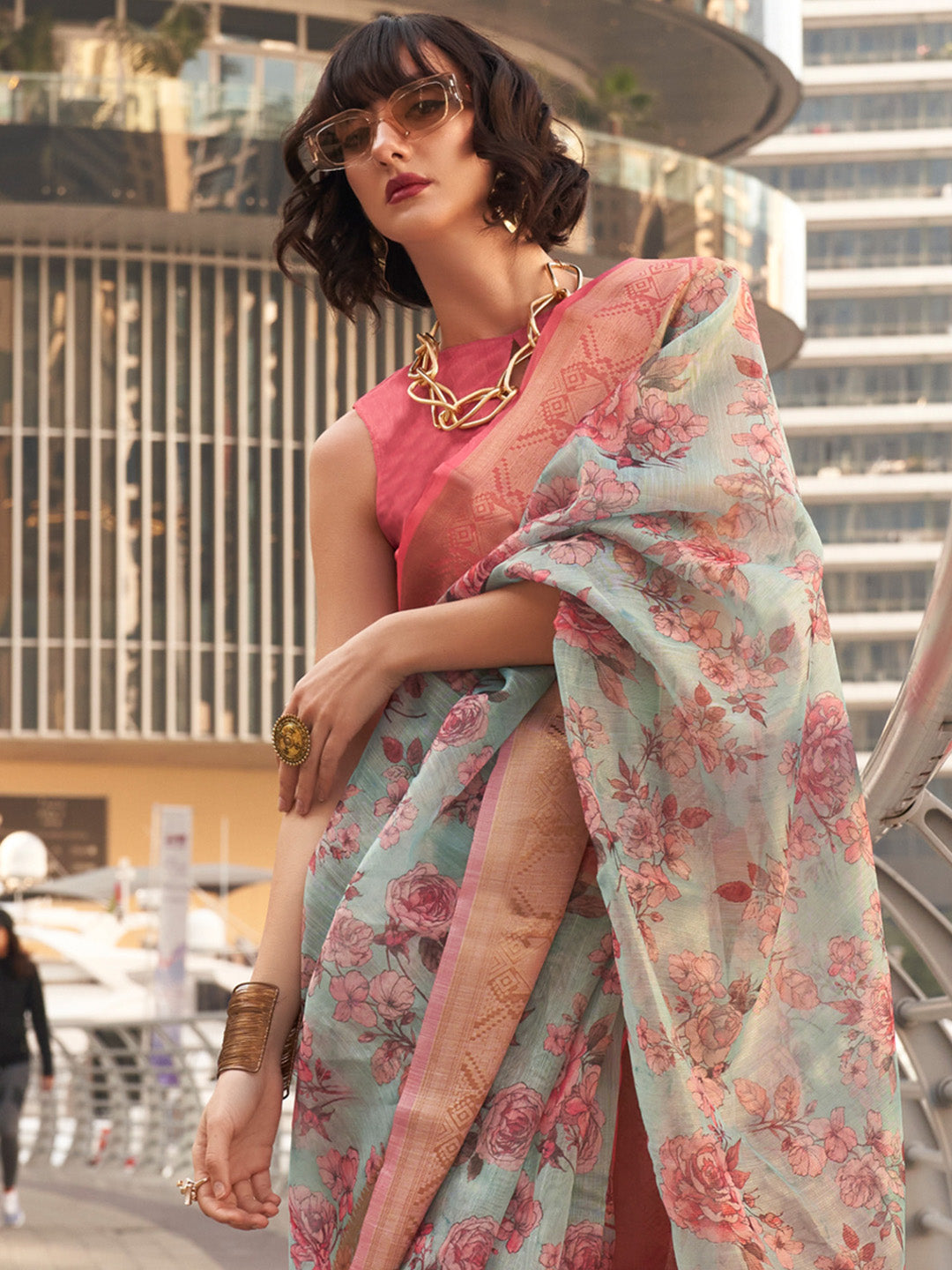 NOZ2TOZ Women's Tissue Pink Woven Design Designer Saree With Blouse Piece - Distacart