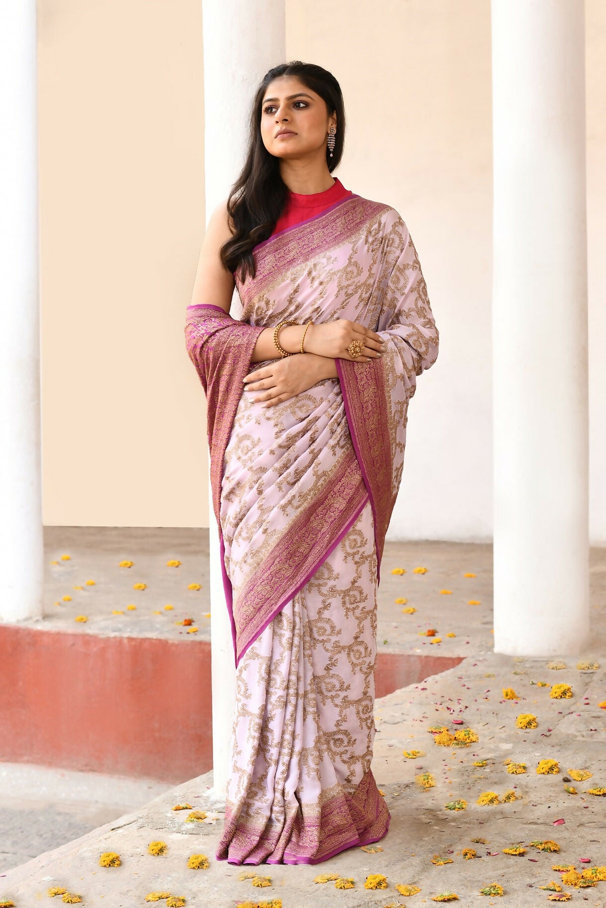 Joban Fashion Pastel Lilac Crepe Chiffon Pure Handloom Banarasi Silk Saree