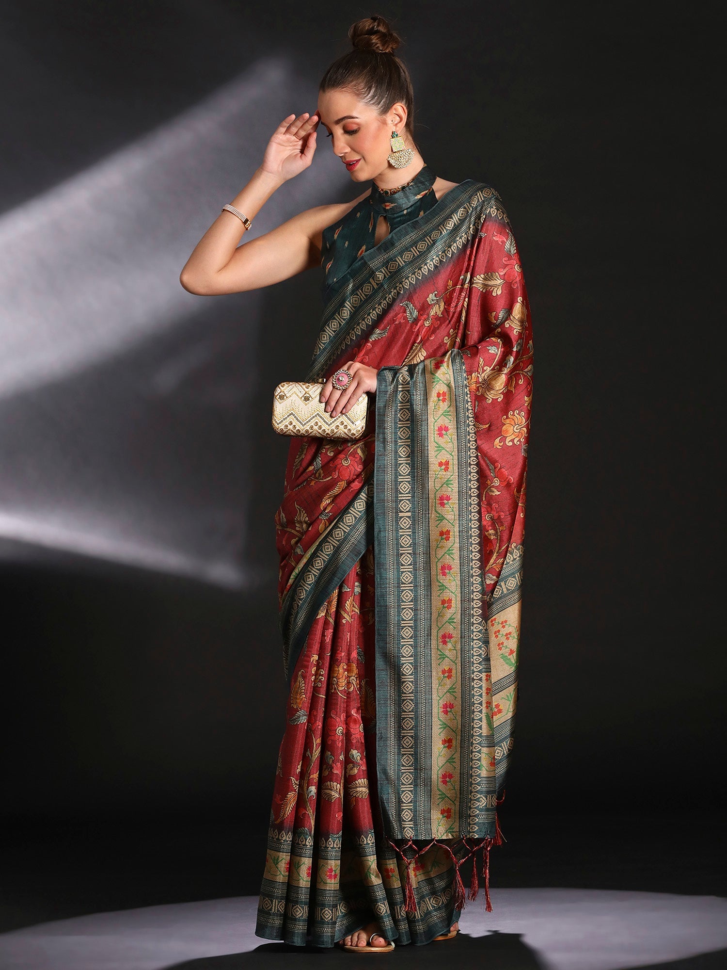 NOZ2TOZ Women's Cotton Blend Maroon Printed Designer Saree With Blouse Piece - Distacart