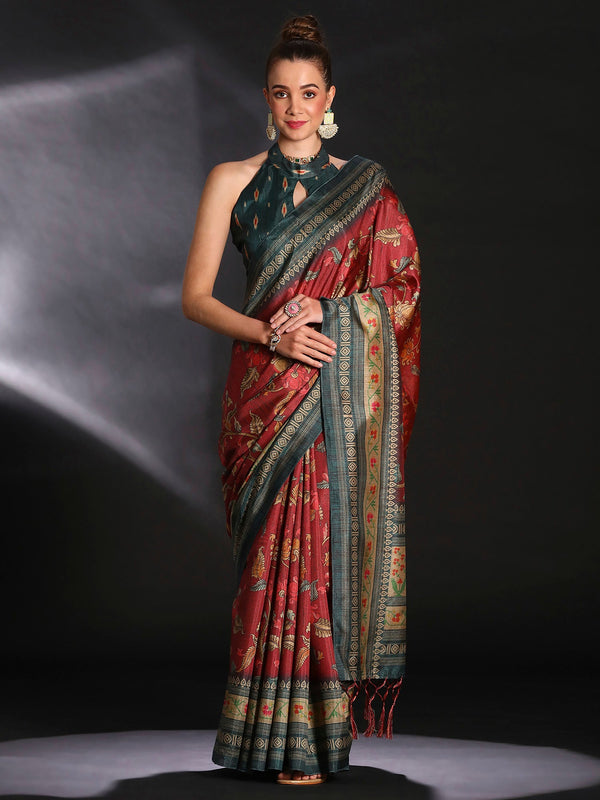 NOZ2TOZ Women's Cotton Blend Maroon Printed Designer Saree With Blouse Piece - Distacart