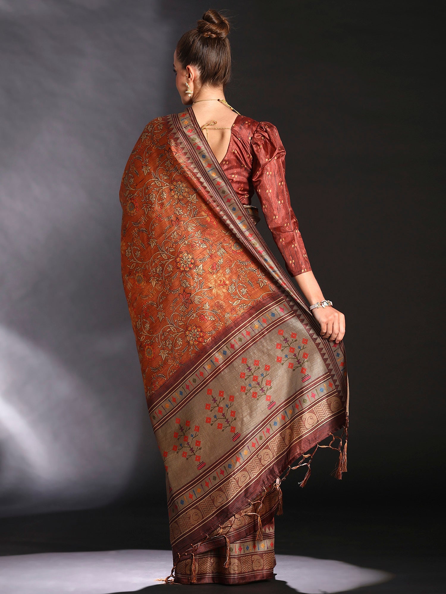 NOZ2TOZ Women's Cotton Blend Rust Printed Designer Saree With Blouse Piece - Distacart