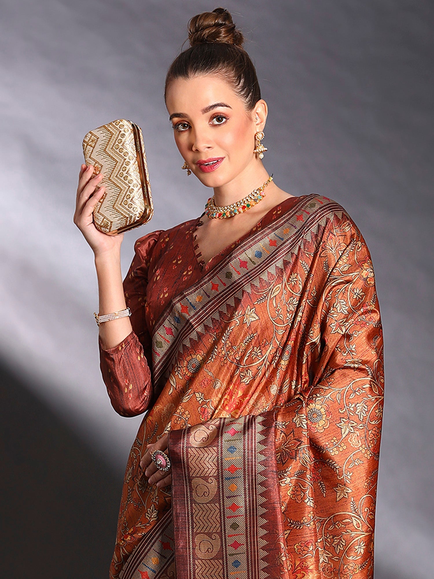 NOZ2TOZ Women's Cotton Blend Rust Printed Designer Saree With Blouse Piece - Distacart