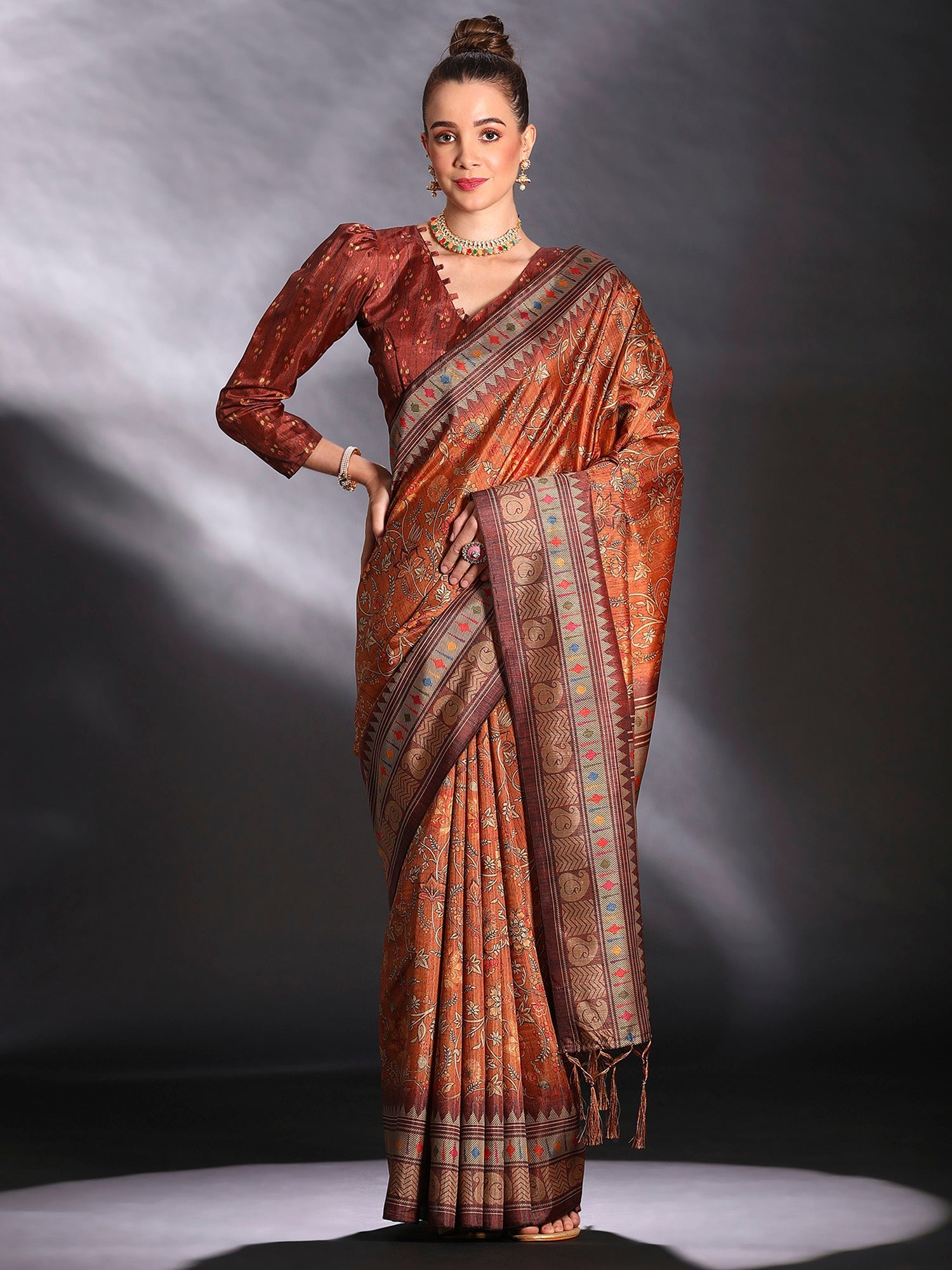 NOZ2TOZ Women's Cotton Blend Rust Printed Designer Saree With Blouse Piece - Distacart