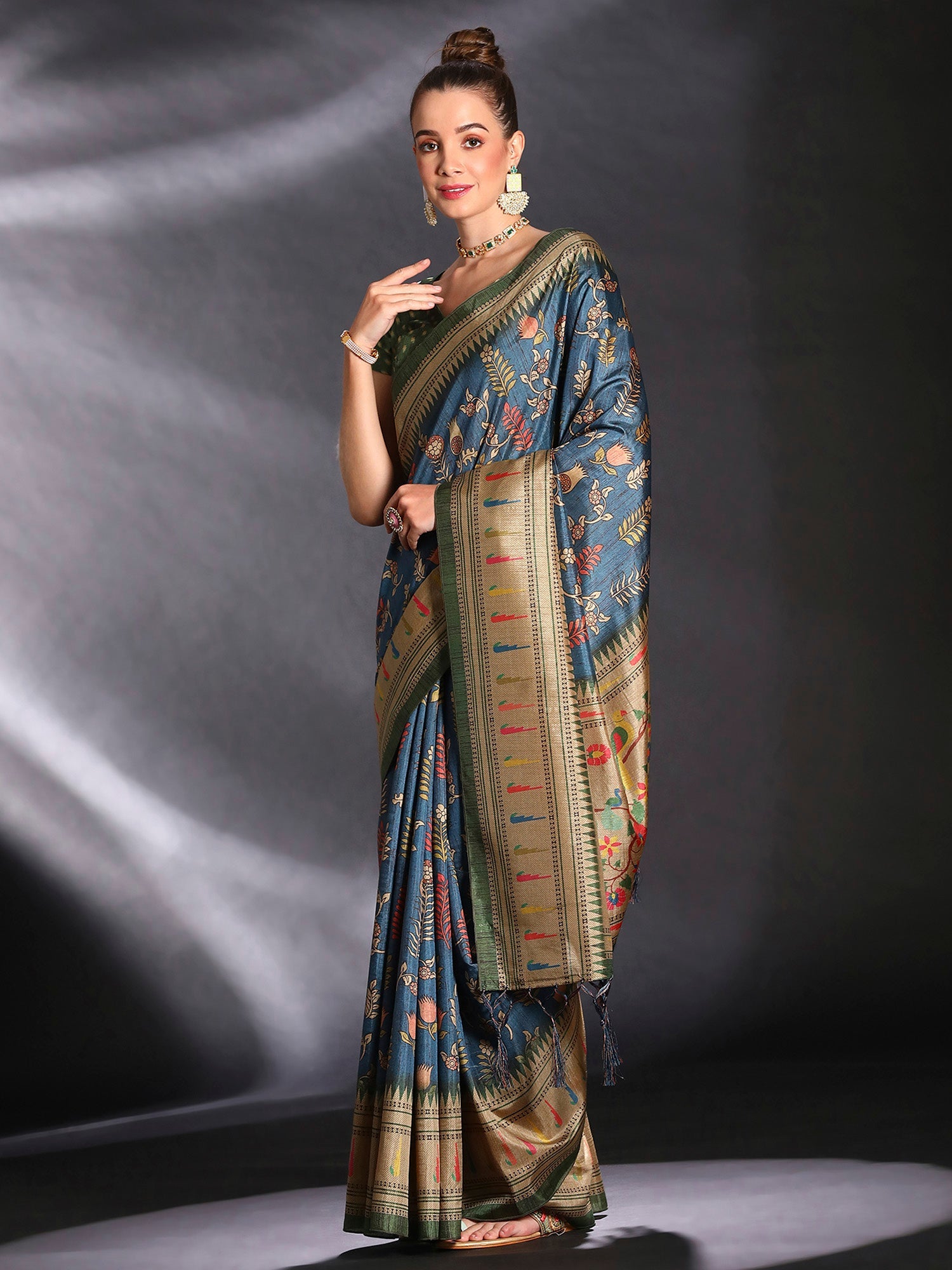 NOZ2TOZ Women's Cotton Blend Teal blue Printed Designer Saree With Blouse Piece - Distacart