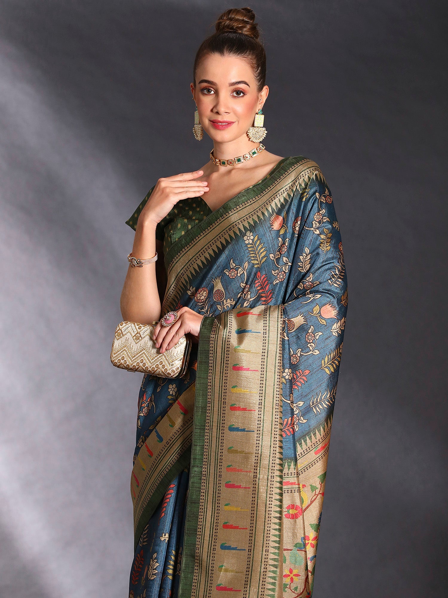 NOZ2TOZ Women's Cotton Blend Teal blue Printed Designer Saree With Blouse Piece - Distacart