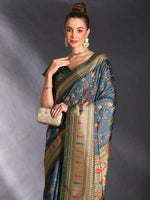 Thumbnail for NOZ2TOZ Women's Cotton Blend Teal blue Printed Designer Saree With Blouse Piece - Distacart