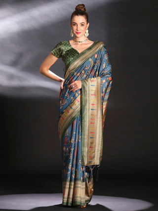 NOZ2TOZ Women's Cotton Blend Teal blue Printed Designer Saree With Blouse Piece - Distacart