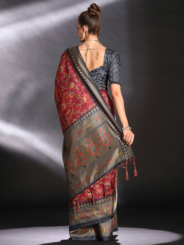 NOZ2TOZ Women's Cotton Blend Maroon Printed Designer Saree With Blouse Piece - Distacart