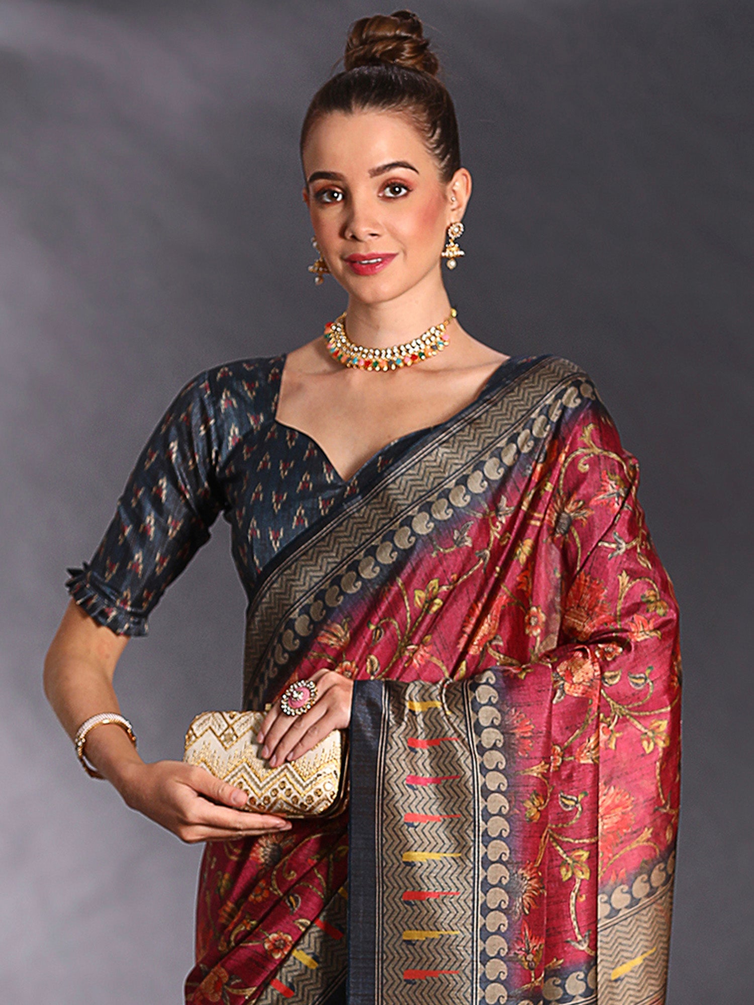 NOZ2TOZ Women's Cotton Blend Maroon Printed Designer Saree With Blouse Piece - Distacart
