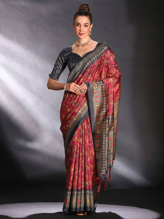 NOZ2TOZ Women's Cotton Blend Maroon Printed Designer Saree With Blouse Piece - Distacart