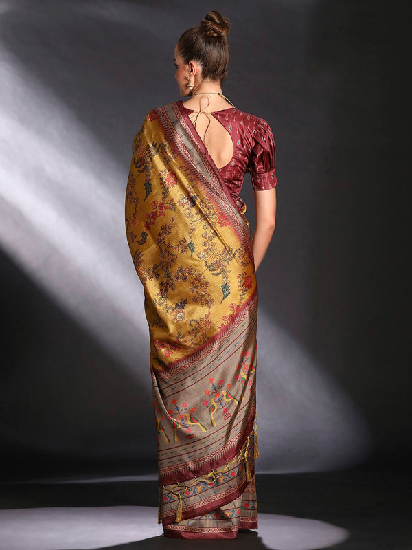 NOZ2TOZ Women's Cotton Blend Mustard Printed Designer Saree With Blouse Piece - Distacart
