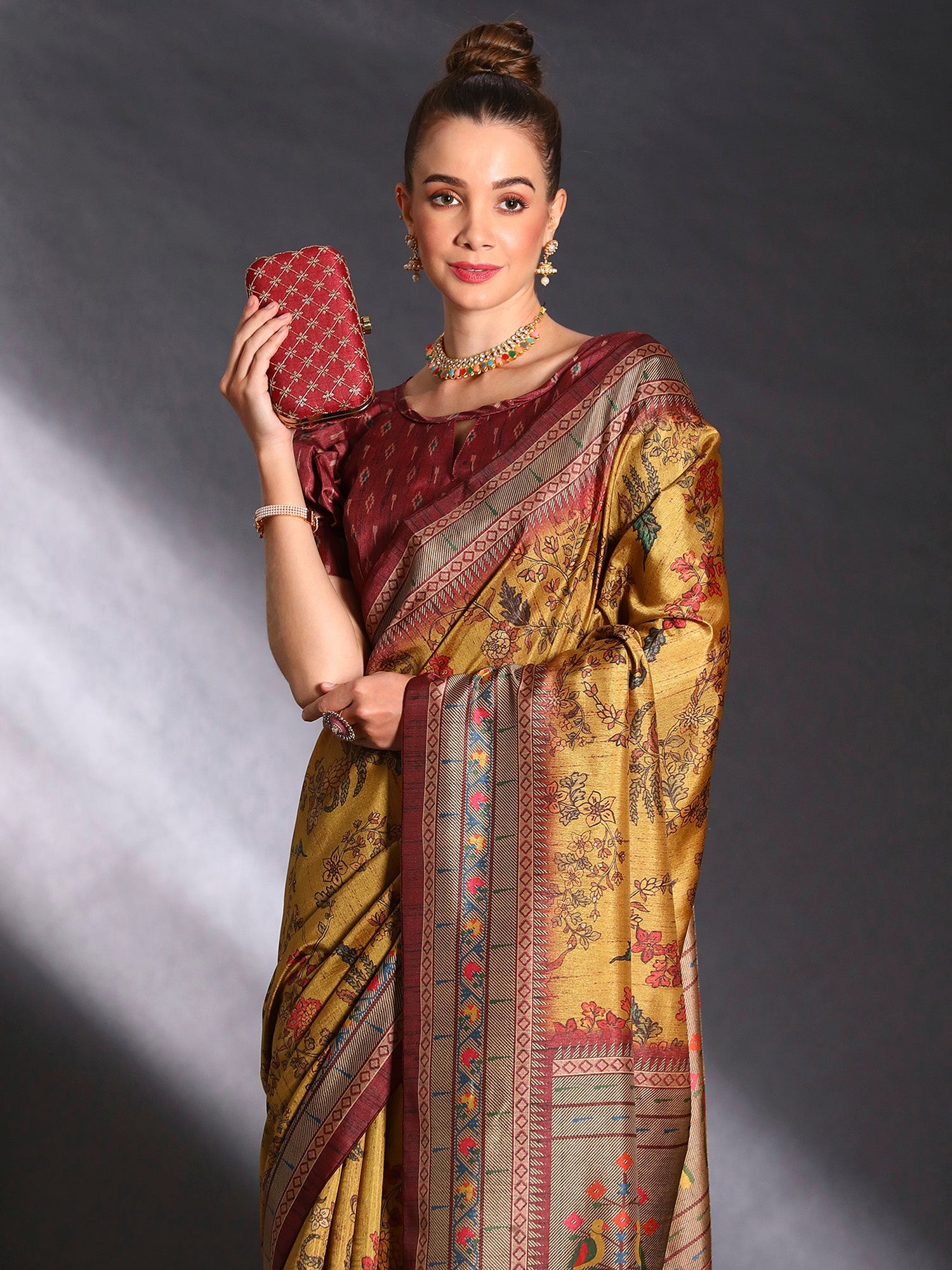 NOZ2TOZ Women's Cotton Blend Mustard Printed Designer Saree With Blouse Piece - Distacart