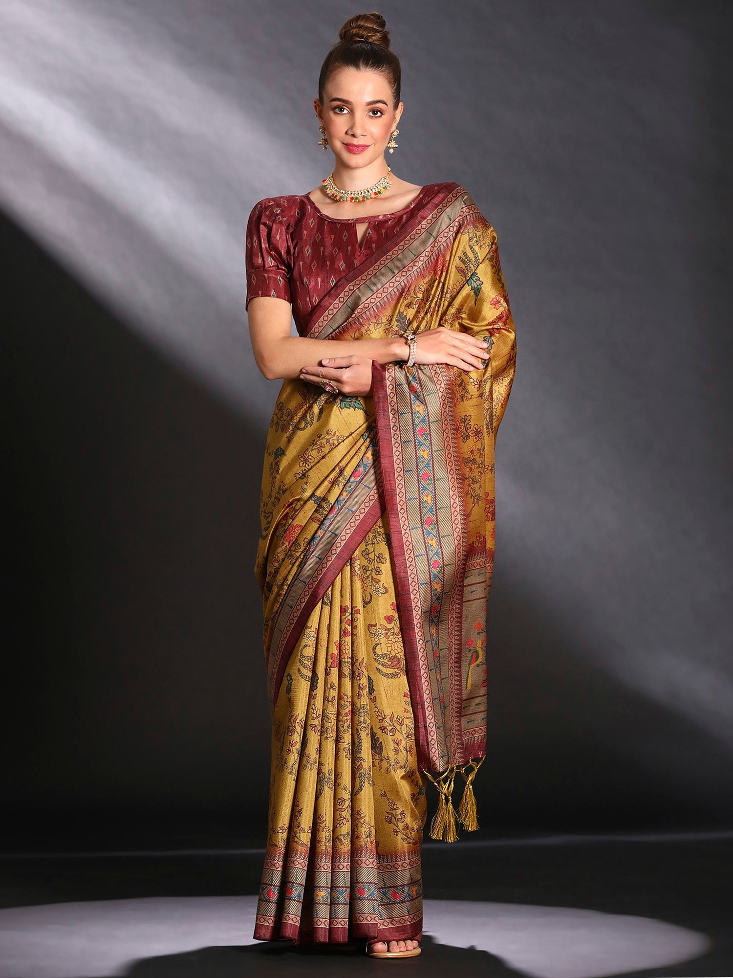 NOZ2TOZ Women's Cotton Blend Mustard Printed Designer Saree With Blouse Piece - Distacart