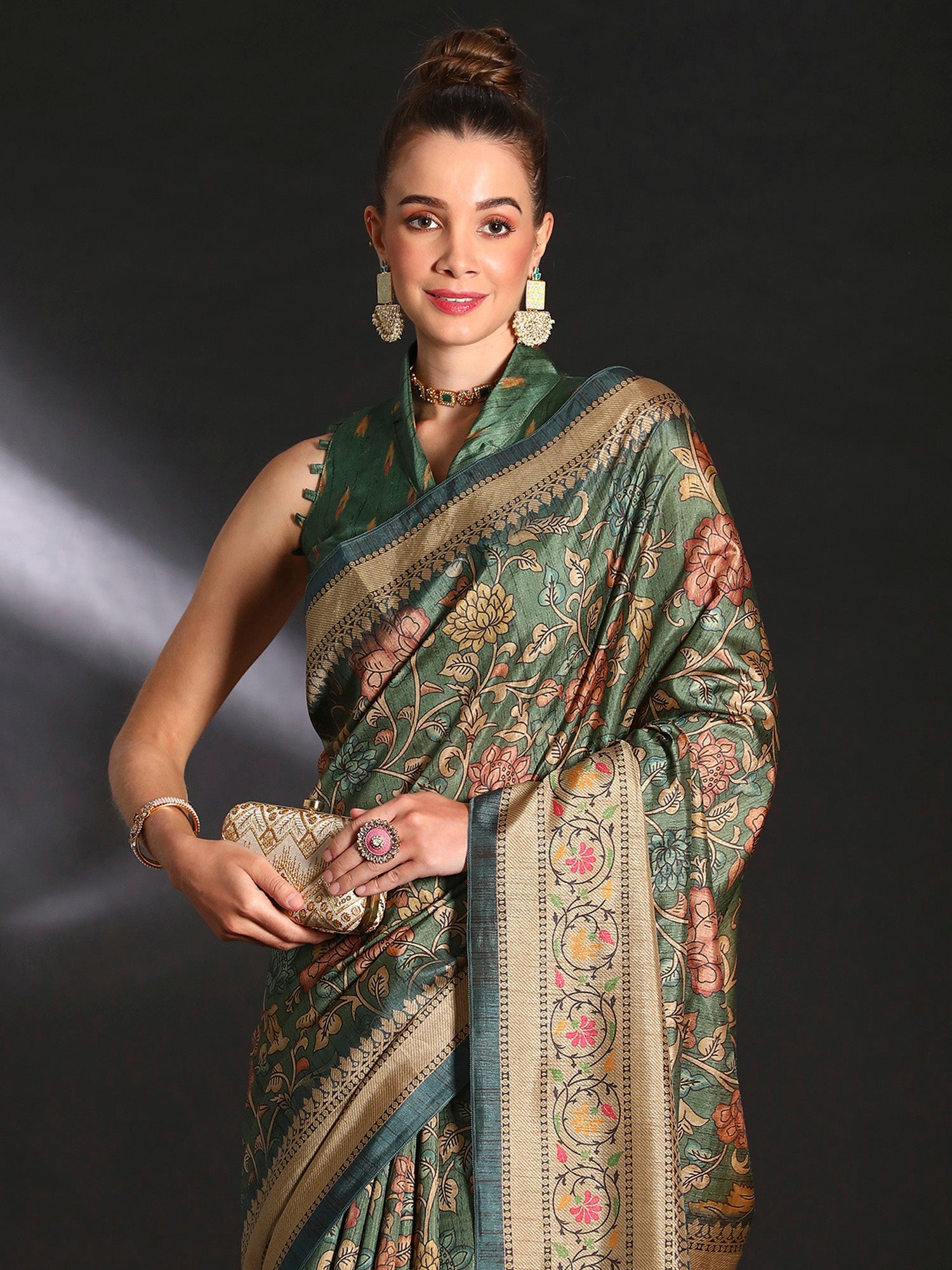 NOZ2TOZ Women's Cotton Blend Sea Green Printed Designer Saree With Blouse Piece - Distacart