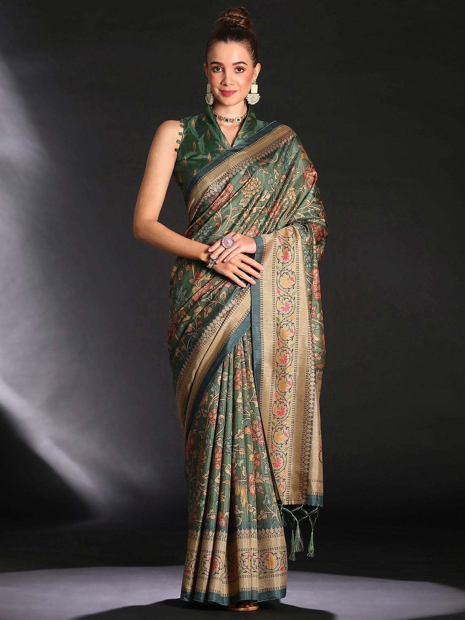 NOZ2TOZ Women's Cotton Blend Sea Green Printed Designer Saree With Blouse Piece - Distacart
