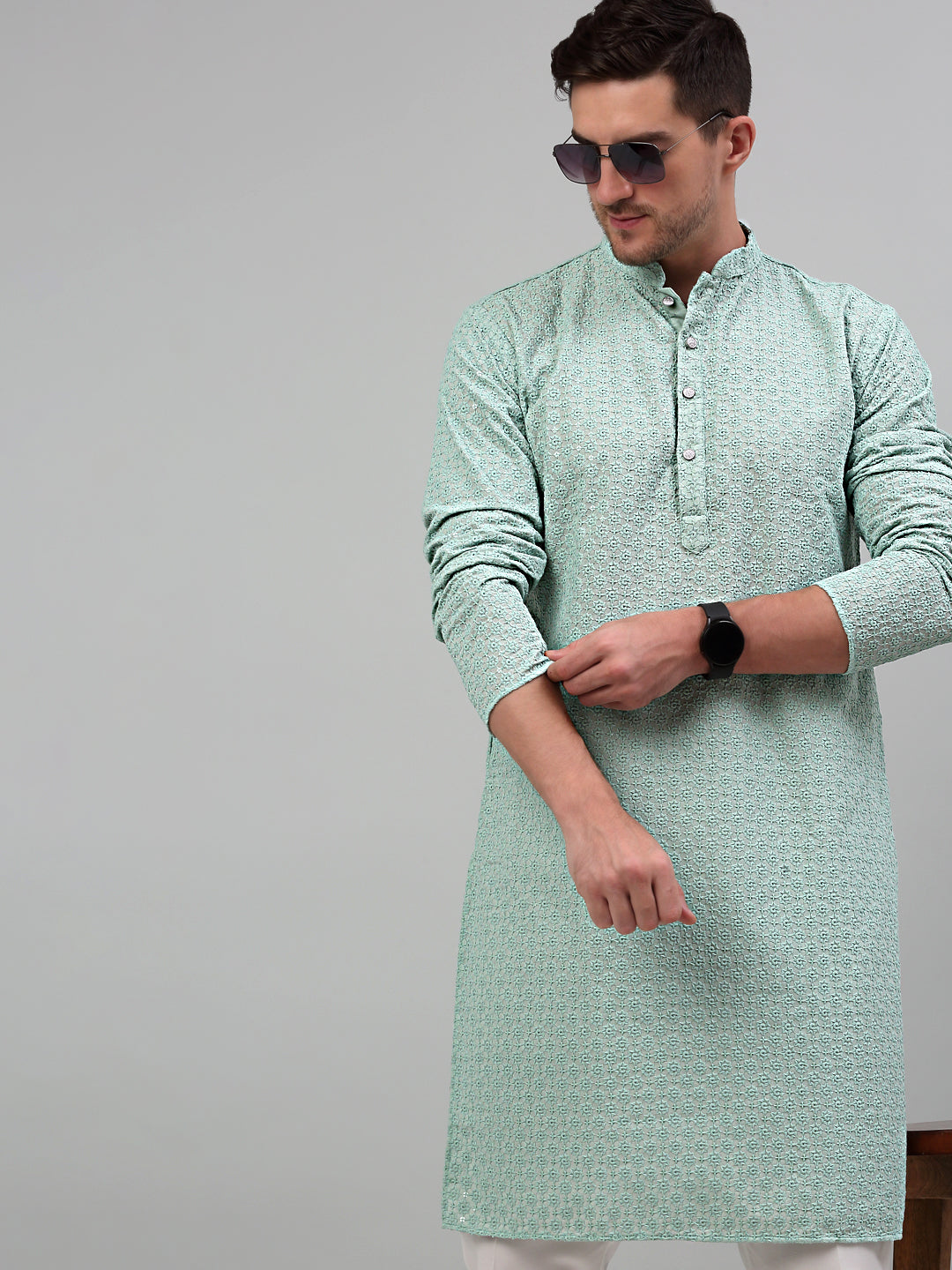 Jompers Men's Green Chikankari Embroidered and Sequence Kurta Only - Distacart