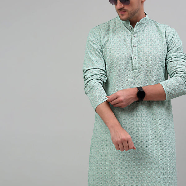 Jompers Men's Green Chikankari Embroidered and Sequence Kurta Only - Distacart