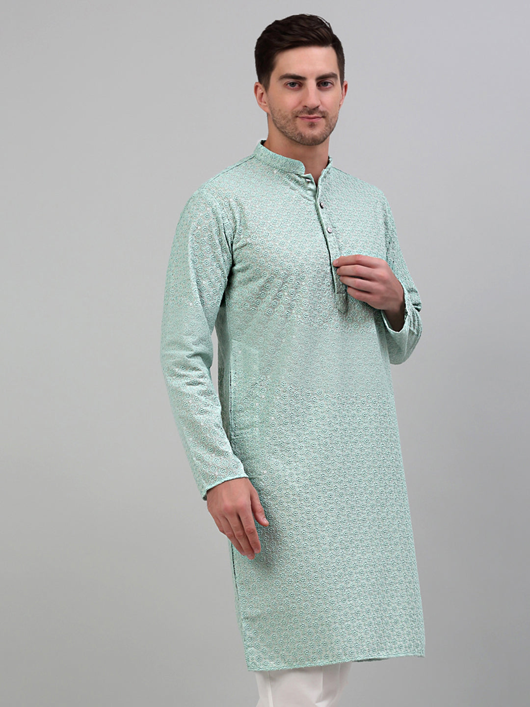 Jompers Men's Green Chikankari Embroidered and Sequence Kurta Only - Distacart