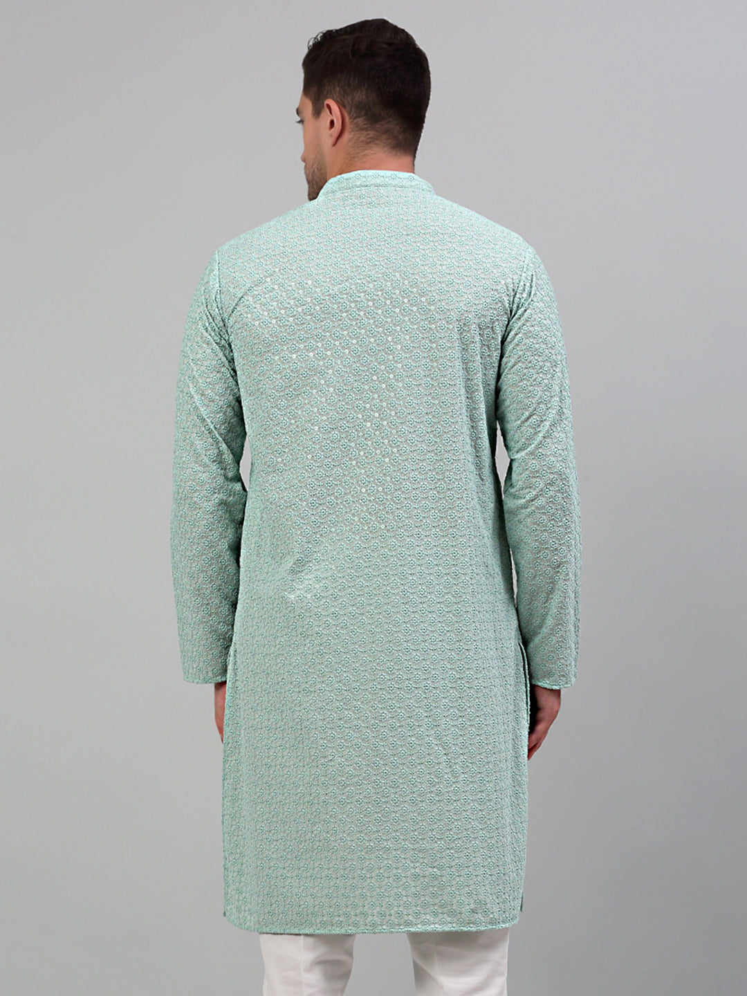Jompers Men's Green Chikankari Embroidered and Sequence Kurta Only - Distacart