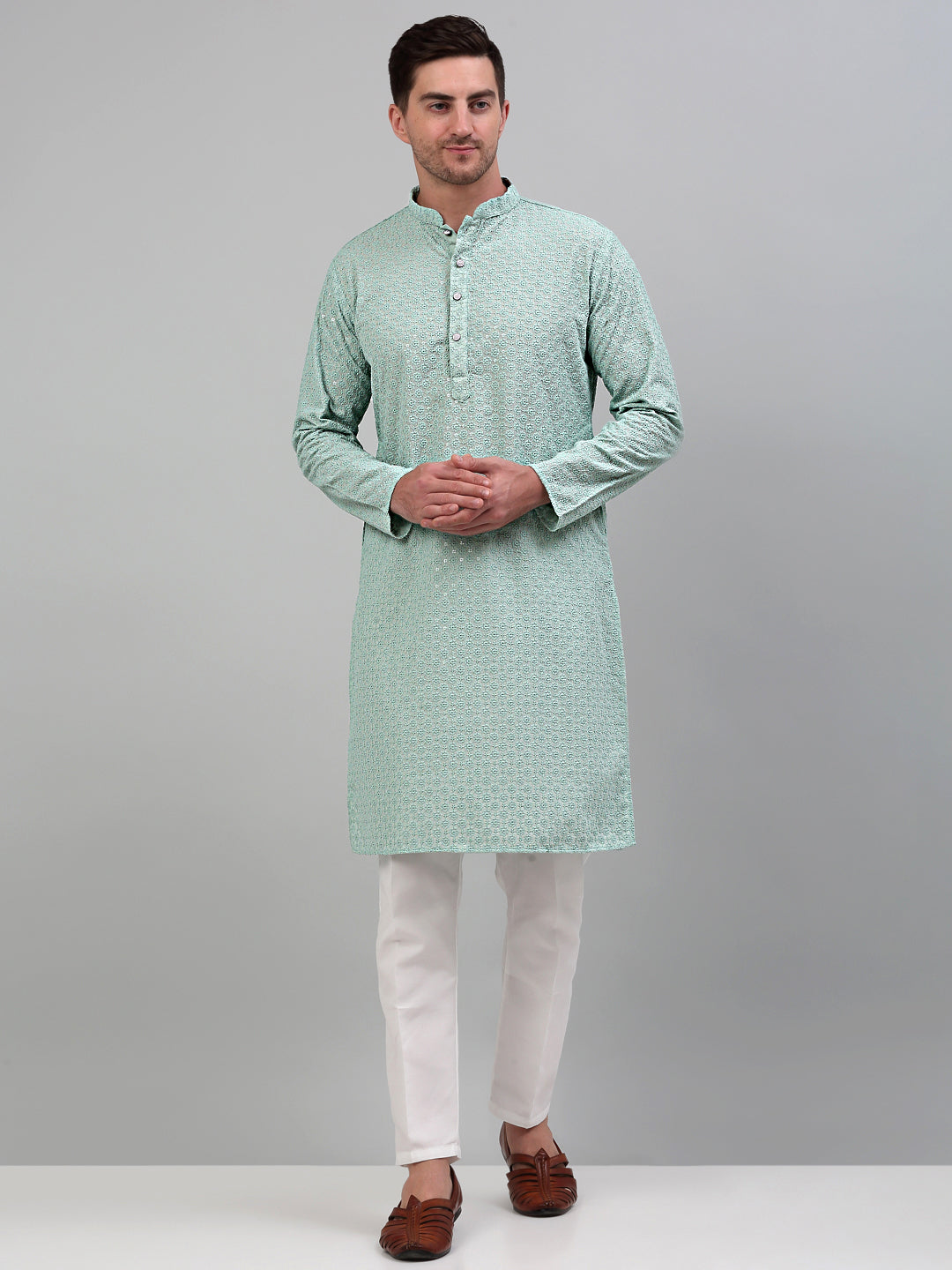 Jompers Men's Green Chikankari Embroidered and Sequence Kurta Only - Distacart