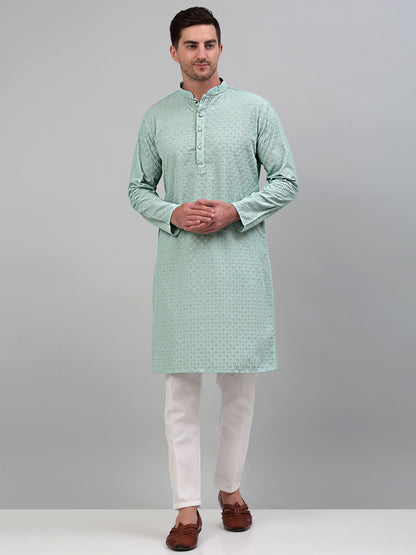 Jompers Men's Green Chikankari Embroidered and Sequence Kurta Only - Distacart