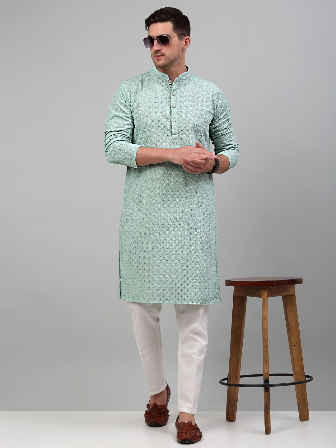 Jompers Men's Green Chikankari Embroidered and Sequence Kurta Only - Distacart