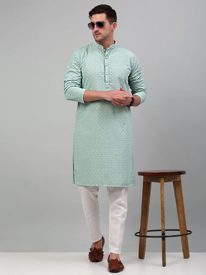 Jompers Men's Green Chikankari Embroidered and Sequence Kurta Only - Distacart