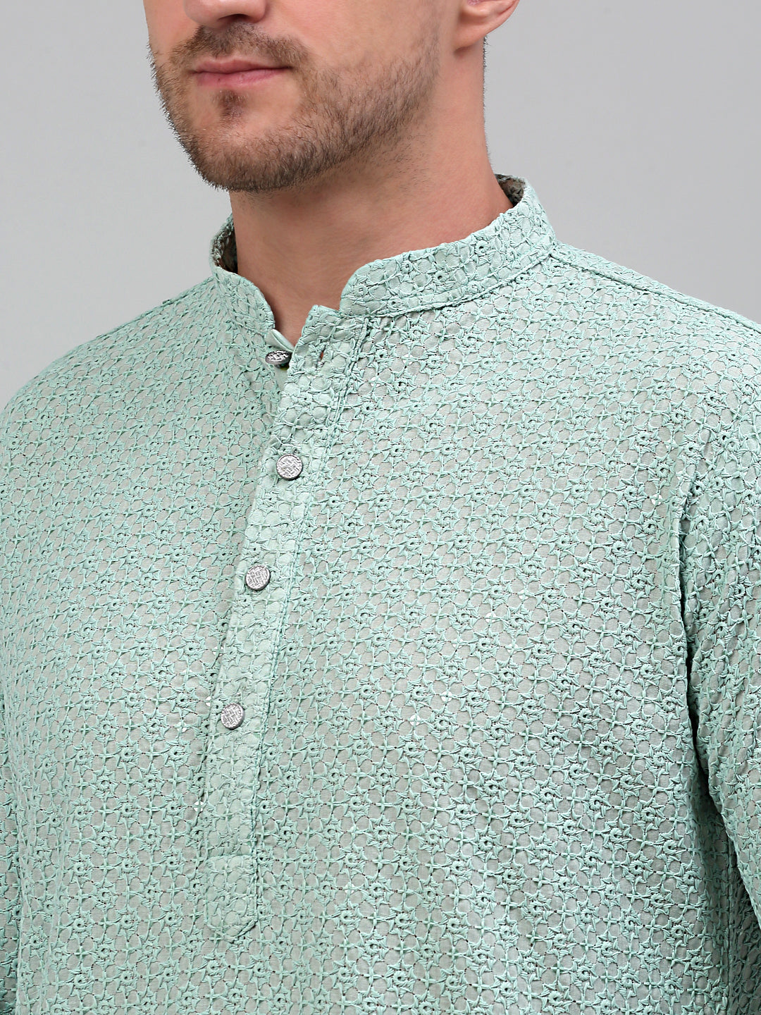 Jompers Men's Green Chikankari Embroidered and Sequence Kurta Only - Distacart