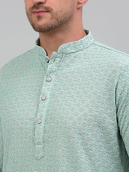 Jompers Men's Green Chikankari Embroidered and Sequence Kurta Only - Distacart