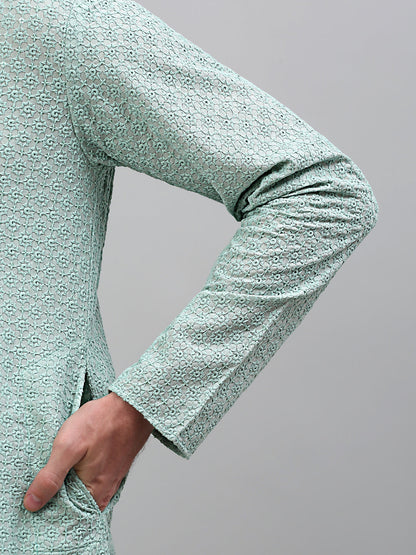 Jompers Men's Green Chikankari Embroidered and Sequence Kurta Only - Distacart