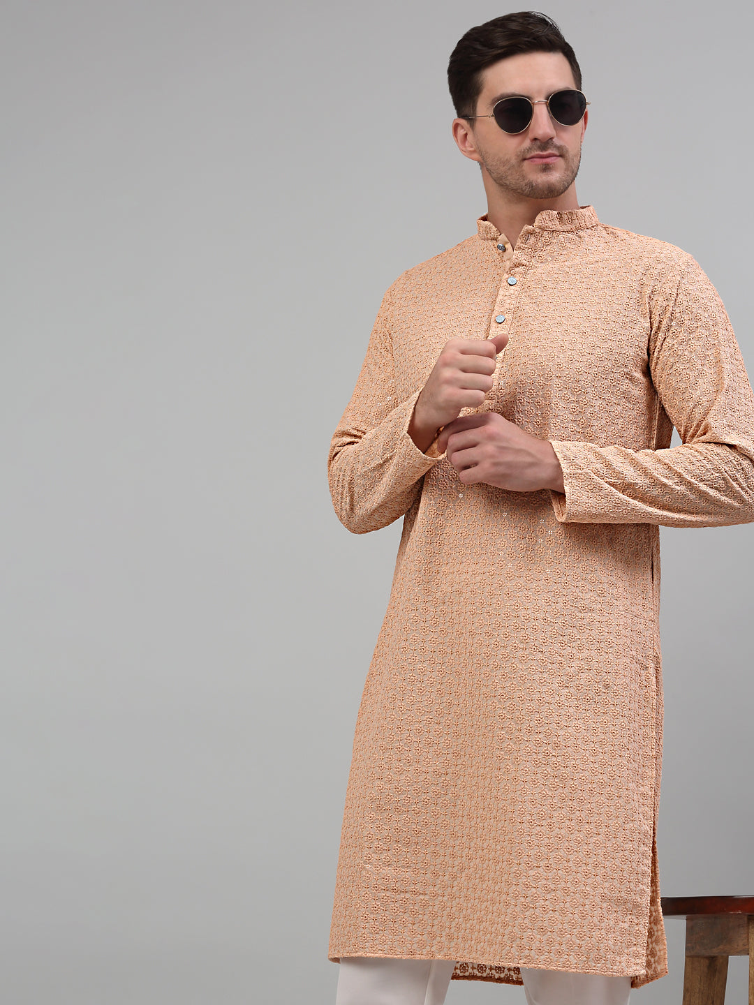 Jompers Men's Peach Chikankari Embroidered and Sequence Kurta Only - Distacart